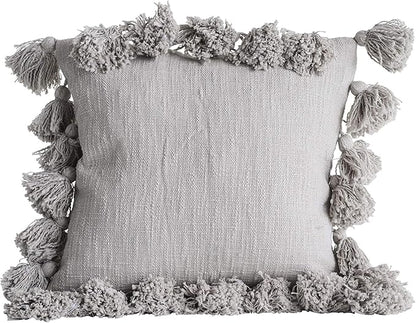 Grey Square Cotton Pillow with Tassels