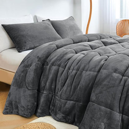 Faux Fur Comforter Set, Ultra Soft Warm Plush Velvet Comforter, Fluffy Fuzzy Fleece Bedding Comforter Sets for Fall Winter, No Shedding, 3PC, Queen Size, Dark Grey
