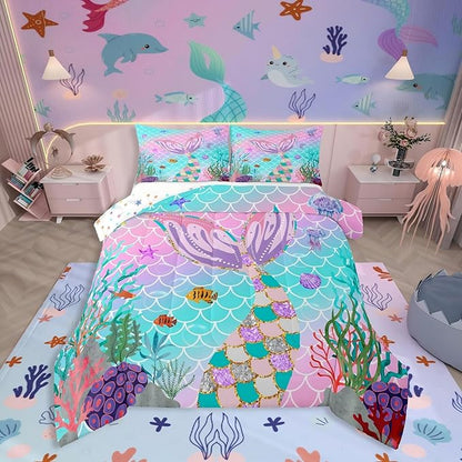 Erosebridal Mermaid Tail Comforter Set,Kids Fish Scales Duvet Stuffing Full,Girly Rainbow Bedding Set Ocean Life Sea Animal Bed Quilt Teal Sequins Pastel Pink Paillette Bedroom Decor,Multicolor