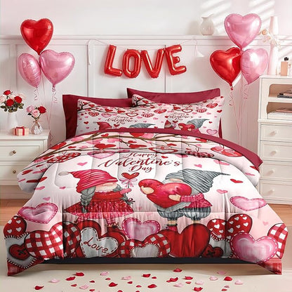 Nesker 7 Pcs Valentine's Day Comforter Set Queen Size, Gnomes Sweet Love Bedding Set for Kids and Adults, Pink Romantic Heart Sheets Bed Sheet Sets with Fitted Sheet 2 Pillowcases & 2 Shams