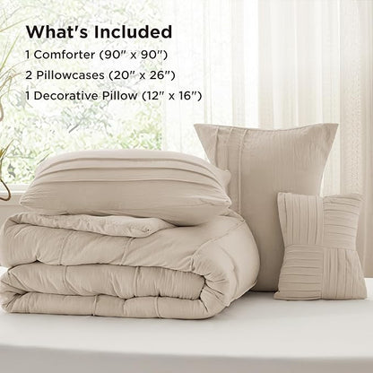 Bedsure Queen Comforter Set - 4 Pieces Pinch Pleat Bed Set, Linen Boho Bedding for All Season, 1 Soft Comforter, 2 Pillowcases, 1 Decorative Pillow