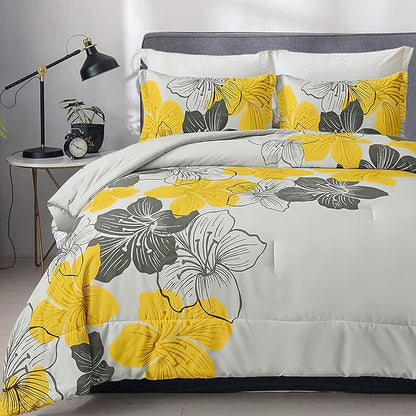 Menghomeus Floral Comforter Set Queen Yellow Floral Pattern Printed on Grey Soft Microfiber Bedding Set Lightweight Bed Set for All Season, 3 Piece (1 Comforter, 2 Pillowcases)