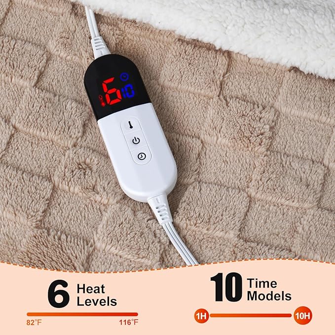 Electric Blanket, Heated Blanket with 6 Heat Levels & 10 Hours Auto Off, Soft Checked Flannel Fast Heating Blanket with ETL & FCC Certification (Khaki, 62"X84")