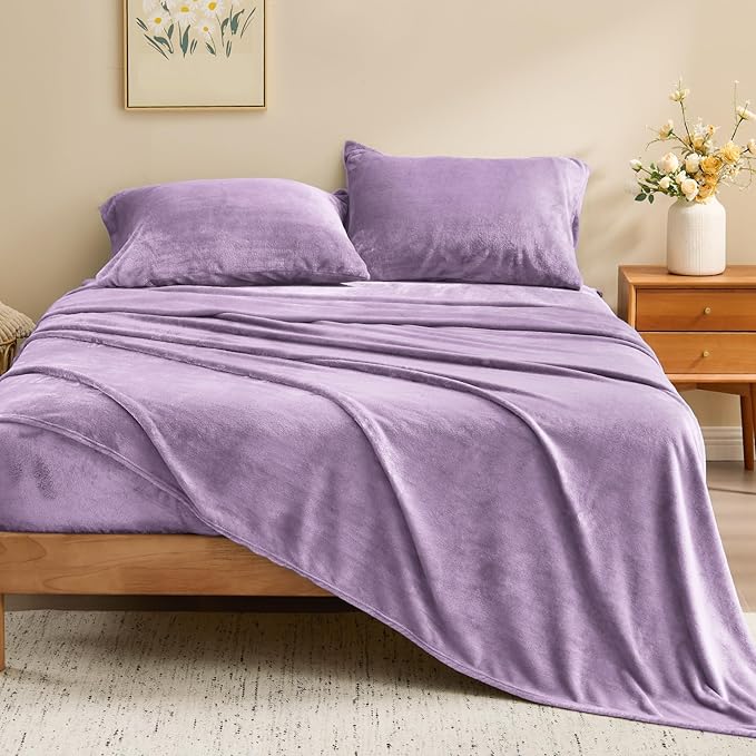 BEDELITE Flannel Sheets Queen Size Lavender - Super Soft Fleece Sheets Set Fluffy Extra Plush, 4 Piece(Include Fitted Sheet, Flat Sheet, 2 Pillowcases)