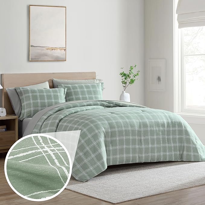 Cathay Home Basic Bedding Home Essential Ultra Soft Lightweight 7PC Wrinkle Resistant Microfiber Bed in a Bag Set (Includes Complete Sheet Set & Comforter Set) - Green Plaid, Full