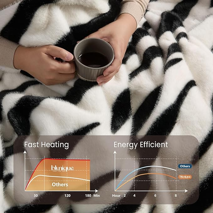 Luxury Faux Fur Heated Throw Blanket - Ultra Soft Plush Electric Blanket, 6 Heating Levels & 12 Hours Auto-Off, ETL Certified, Washable, Luxurious Gifts, Warm Neutral Abstract Stripe, 50''x60''