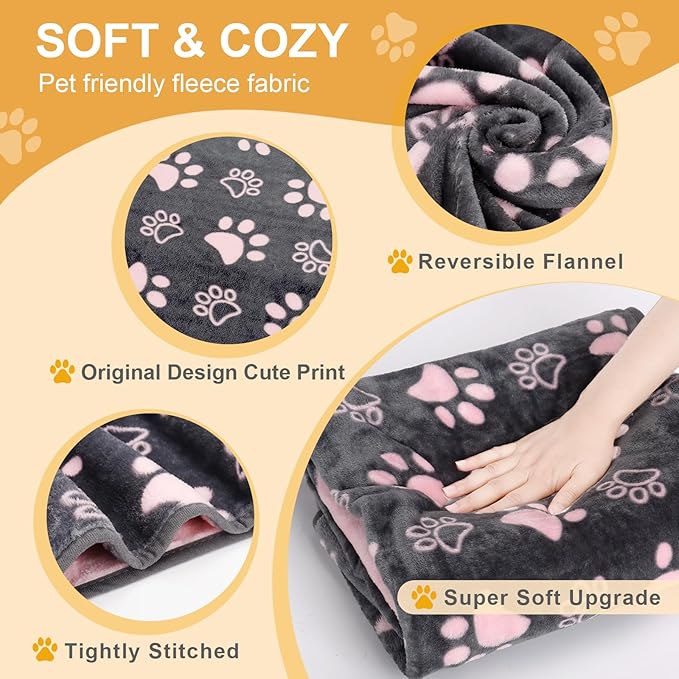 Upgraded Dog Blankets for Large Dogs, Cat Flannel Blankets Washable, with Premium 300GSM Soft Pet Throw Cover for Kennel Crate Bed, Cute Paw Pattern,50x60 inch,Grey & Pink.