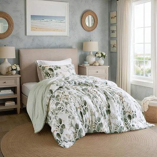 Lightweight Seersucker Botanical Comforter Set Twin Size, 2 Pieces Reversible Design with Striped Print, Premium Microfiber Bedding Set, Comforter and Sham Set, Green