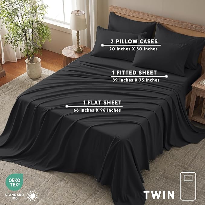 Twin Sheets Set - 4 Piece Soft Microfiber and Wrinkle Free Sheets - Easy Care, Extra Soft, Cooling Sheets - 1 Deep Pocket Fitted Sheet 1 Flat Sheet and 2 Pillowcases (Twin Balck)