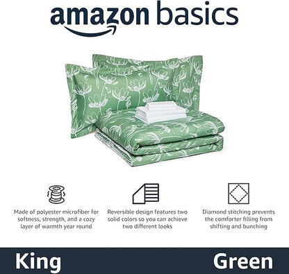 Amazon Basics 7-Piece Lightweight Microfiber Comforter Set, King, Green Floral