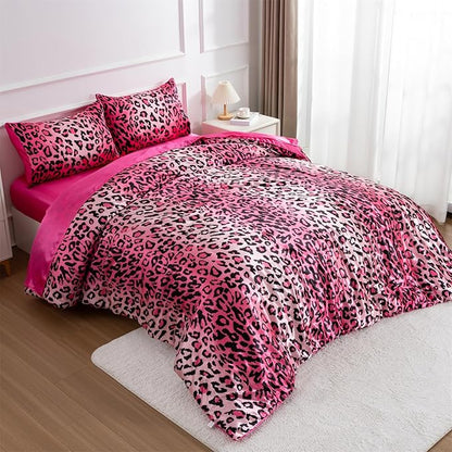 A Nice Night Leopard Printed,Satin Silky Soft Quilt Sexy Luxury Super Soft Microfiber Comforter Quilt Bedding 5PCS Comforter Set, Light Weighted (Pink, Queen(88-by-88-inches))