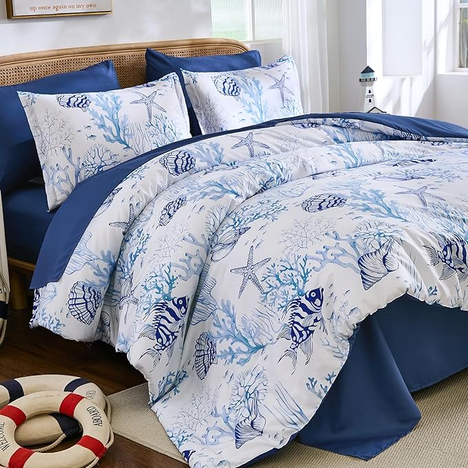 WONGS BEDDING Coastal King Size Comforter,7 Pieces Beach Nautical Themed Bed in a Bag Bedding Set,Ocean Coral Starfish Pattern Soft Comforters for All Season, 96 * 104"