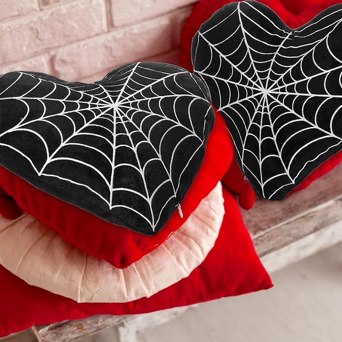2 Pcs Valentine Gothic Heart Shaped Plush Pillows Gothic Black Spider Web Decor Soft Throw Pillows Valentines Day Pillow Room Decorative for Bedroom Living Room Couch Chair Sofa