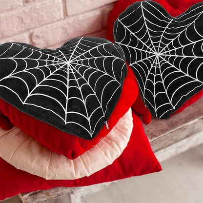 2 Pcs Valentine Gothic Heart Shaped Plush Pillows Gothic Black Spider Web Decor Soft Throw Pillows Valentines Day Pillow Room Decorative for Bedroom Living Room Couch Chair Sofa