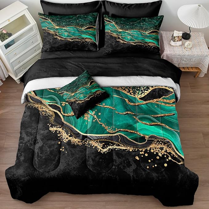 Green Marble Comforter Set Emerald Green Bedding Comforter Black Gold Marble River Abstract Texture Black and Green Comforter Full Size Bed in a Bag 8 Pieces