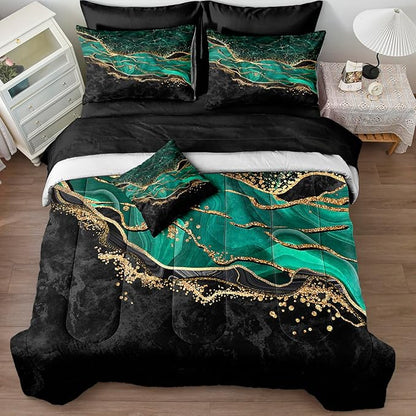 Emerald Green Comforter Set - Twin Size Bed in a Bag - 6 Pieces - Black and Gold Marble Bedding Comforter with Gold Metallic Glitter Marble River Texture