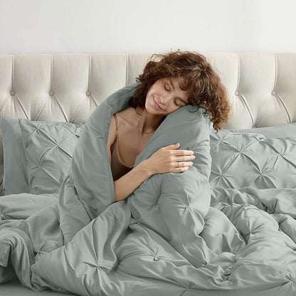 Nestl 7 Piece Comforter Set - Pinch Pleated Bedding - Sage Green, All Season Full Size Bed Set with Sheets, Comforter, Pillowcases and Shams