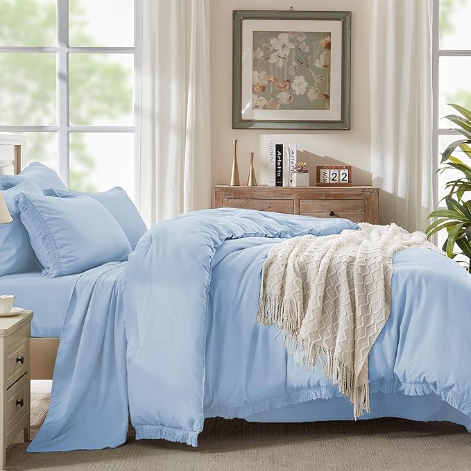 Andency California King Size Comforter Set with Sheets Light Blue - 7 Pieces Cal King Bed in a Bag Boho Bedding Sets, Bed Set with Comforter, Sheets, Pillowcases & Shams