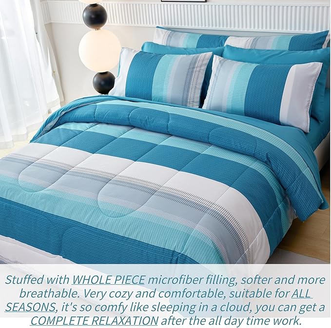 RYNGHIPY 8 Pieces Teal Grey Full Bed Comforter Sets, Soft All Season Boys Men Women Comforter Bedding Set, Turquoise Stripe Colorblock Bed in a Bag Lightweight Fluffy (Full,Teal Grey)