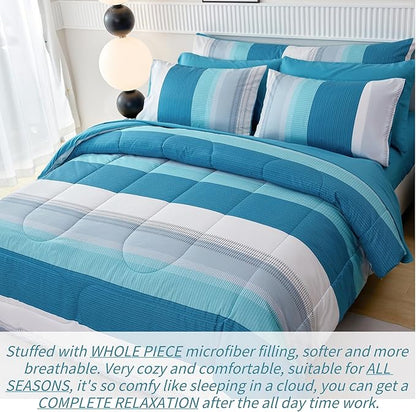 RYNGHIPY 8 Pieces Teal Grey Full Bed Comforter Sets, Soft All Season Boys Men Women Comforter Bedding Set, Turquoise Stripe Colorblock Bed in a Bag Lightweight Fluffy (Full,Teal Grey)