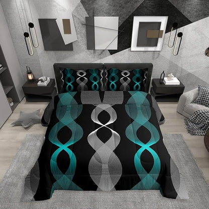 Erosebridal Teal and Black Toddler Comforter Set for Men, Teal Striped Boho Abstract Bedding Set for Boys Adults, Contemporary Aesthetic Line Comforter, Modern Gradient Geometric Stripes Quilt