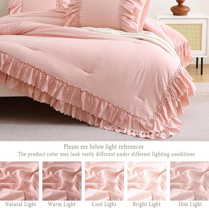 Herside Pink Ruffle Comforter Set Queen Size,Shabby Chic Boho Bedding Sets, Soft Fluffy Comforters Sets for All Season,Vintage Ruffled 3 Pcs Microfiber Lightweight Quilt Set for Women Girls