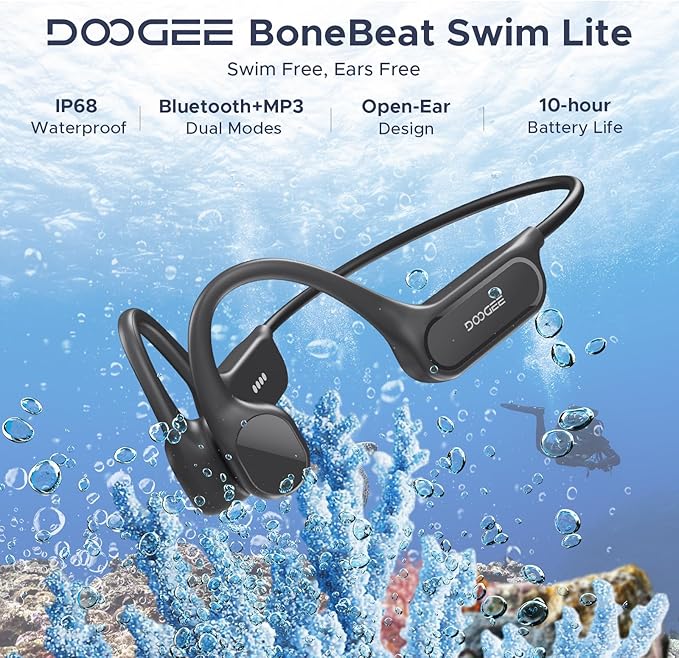 DOOGEE Bone Conduction Headphones IP68 Waterproof Swimming Headphones,10H Running Headphones Bluetooth 5.4 Open Earphones 32GB MP3 Dual Modes for Cycling,Underwater Swimming,Fitness (Black)