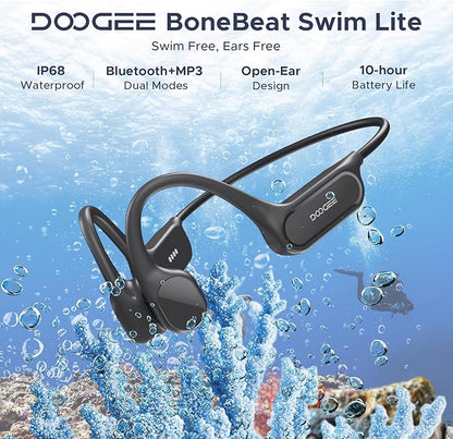 DOOGEE Bone Conduction Headphones IP68 Waterproof Swimming Headphones,10H Running Headphones Bluetooth 5.4 Open Earphones 32GB MP3 Dual Modes for Cycling,Underwater Swimming,Fitness (Black)