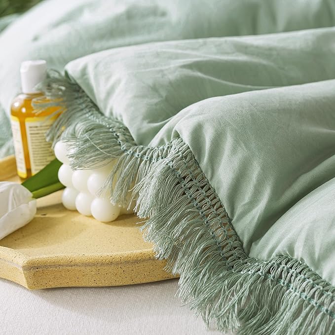 Andency Sage Green Tassel Comforter Set Full(79x90Inch), 3 Pieces(1 Fringe Comforter, 2 Pillowcases) Boho Farmhouse Shabby Chic, Microfiber Lightweight Bedding Set