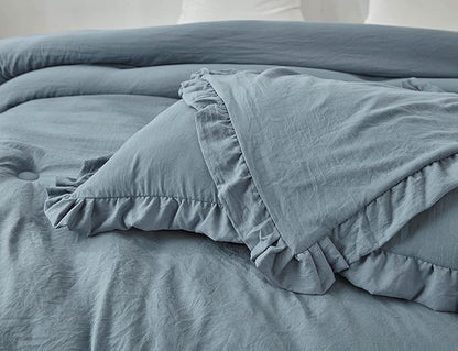 Chezmoi Collection Nora Dusty Blue Comforter Set King Size 3-Piece Fluffy Soft Stone-Washed Ruffled Shabby Chic Bedding for All Season