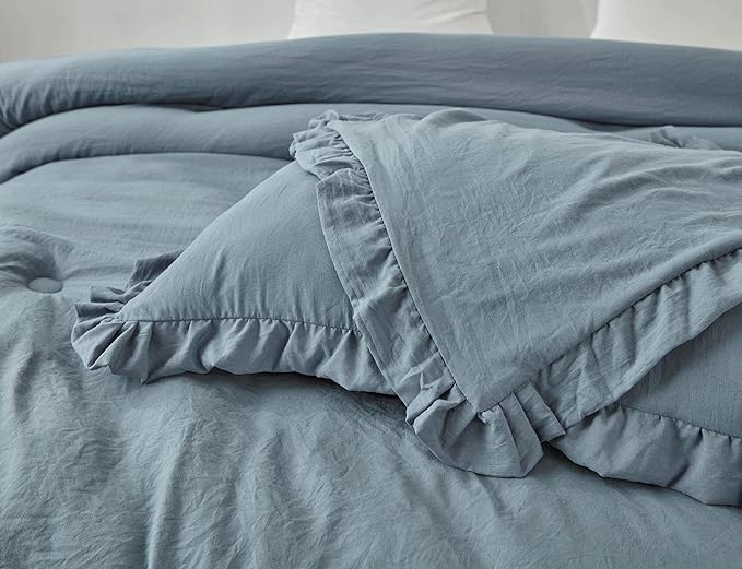Chezmoi Collection Nora Dusty Blue Comforter Set Twin Size 2-Piece Lightweight Soft Stone-Washed Ruffled Shabby Chic Bedding for All Season