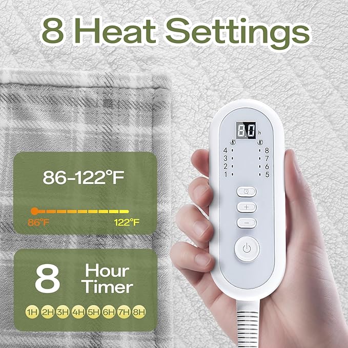 Electric Blanket Heated Throw, 50" x 60" Heated Blanket with 8 Heat Levels & 8 Hours Auto Off, Fast Heating Blankets with ETL & FCC Certification, Grey Plaid