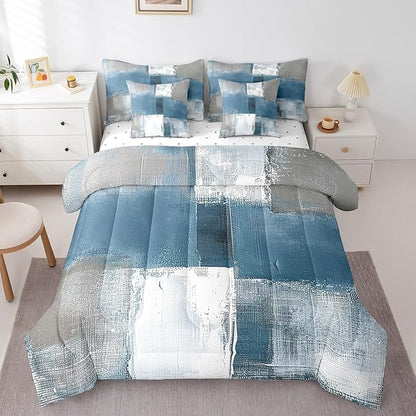 Erosebridal Light Blue White Gray Bedding Comforter Sets 7pcs Abstract Bedding Set, Grunge Twin Size Comforter Set (1 Comforter, 1 Fitted Sheet, 1 Flag Sheet, 2 Pillowcases, 2 Throw Pillow Covers)