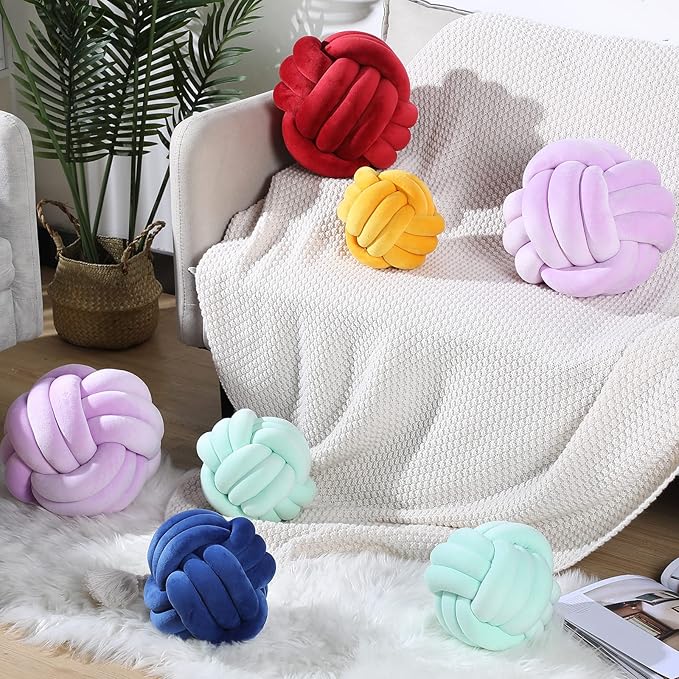 Namalu 2 Pieces Knot Ball Pillows Round Plush Aesthetic Cushion Pillows Soft Stress Relieving Cute Decorative Knotted Pillows for Kids Bed Sofa Bedroom Decor (Wine Red, 10.6 Inches)