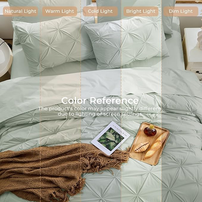 Sasttie Queen Comforter Set, 7-Piece Bed in a Bag, Pintuck Bedding Sets for All Season, Includes Comforter, Flat Sheet, Fitted Sheet, Pillowcases and Pillowshams, Sage Grey