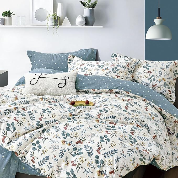 Botanical Cotton Comforter King Size - Lake Green Comforter with Dusky Blue & Warm Rust Leaves on Ivory,Reversible Lightweight Bedding Sets 3Pcs(Polka Dot)