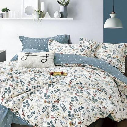 Botanical Cotton Comforter King Size - Lake Green Comforter with Dusky Blue & Warm Rust Leaves on Ivory,Reversible Lightweight Bedding Sets 3Pcs(Polka Dot)