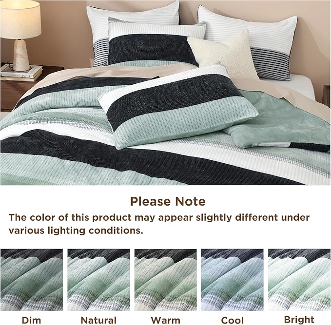 Litanika Fluffy Fleece Twin Comforter Set, Luxury Soft Plush Fuzzy Sage Green Stripe Bedding Comforter Sets, Warm Shaggy Faux Fur Bed Set All Season (1 Comforter, 1 Pillowcase)