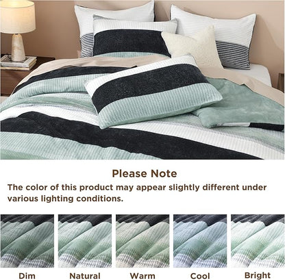 Litanika Fluffy Fleece Twin Comforter Set, Luxury Soft Plush Fuzzy Sage Green Stripe Bedding Comforter Sets, Warm Shaggy Faux Fur Bed Set All Season (1 Comforter, 1 Pillowcase)
