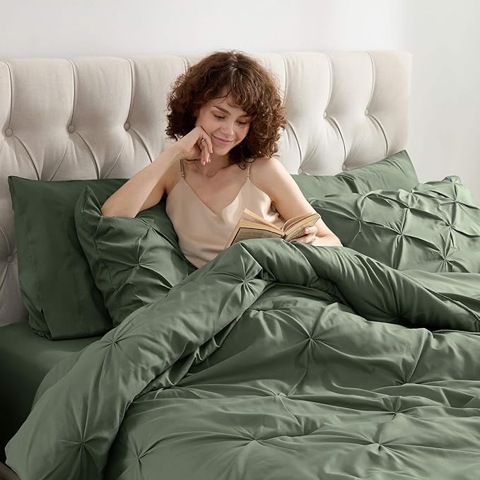 Nestl Queen Comforter Set 7 Piece - Pinch Pleated Comforters Queen Size Olive Green, Bed in a Bag Queen All Season, Queen Comforter Sets Bedding with Flat Sheet and Fitted Sheet, Pillowcases and Shams