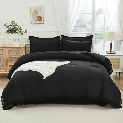 Andency Black King Size Comforter Set with Sheets - 7 Pieces Boho Tassel Bed in a Bag Soft Lightweight Bedding Sets, Black Fringe Bed Set with Comforter, Sheets, Pillowcases & Shams