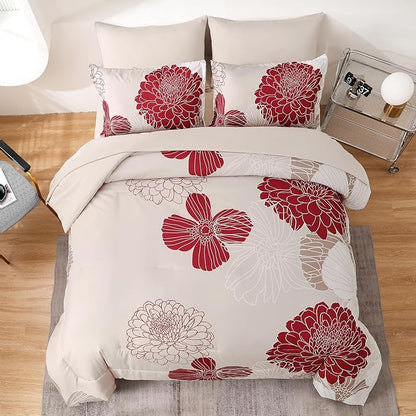 Yiran 7 Pieces King Comforter Set Red Floral Bed in a Bag Soft Microfiber Bedding Set 104"×90"(1 Comforter 1 Flat Sheet 1 Fitted Sheet 2 Pillowshams 2 Pillowcases)