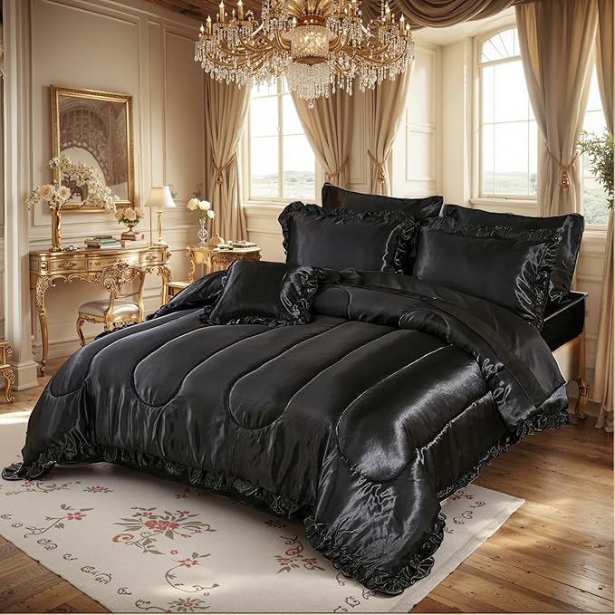 Satin Comforter Set with Sheet Set Queen 8 Pieces Silk Like Black Bedding Silky Ruffle Pattern Luxury Silky Comforter Set with 1 Cushion Cover