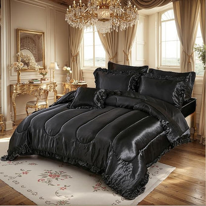 Satin Comforter Set with Sheet Set Queen 8 Pieces Silk Like Black Bedding Silky Ruffle Pattern Luxury Silky Comforter Set with 1 Cushion Cover
