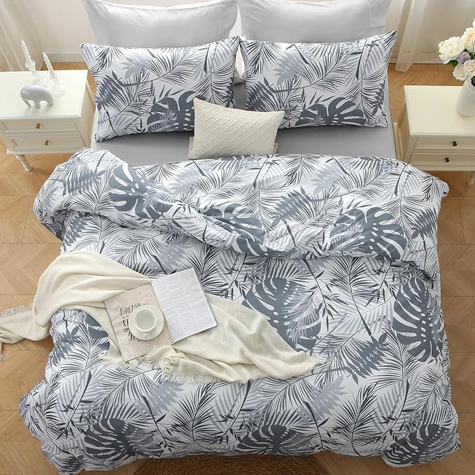 MUXHOMO Black&Grey Bed in a Bag Queen 7 Pieces, Queen Comforter Set Reversible Botanical Flowers Design, Ultra Soft & Breathable Bedding Sets with Comforter, Sheets, Pillowcases & Shams