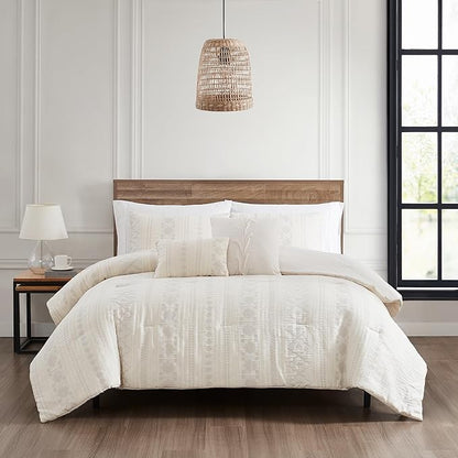 Modern Threads Marcy Ivory Jacquard Comforter Set – 5 Piece Sandstone-Inspired Bedding with Decorative Pillows & Shams, Elegant Soft Textured Bed Set for All Seasons, King