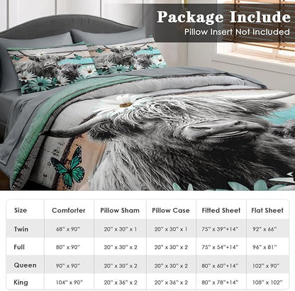 Comforter Set Twin Size, Highland Cow Bull 5 Pcs Bedding for Kids and Adults, Flower Daisy Retro Bed Sheet Sets with Fitted Sheet Pillowcases & Shams for Bedroom Bed Decor