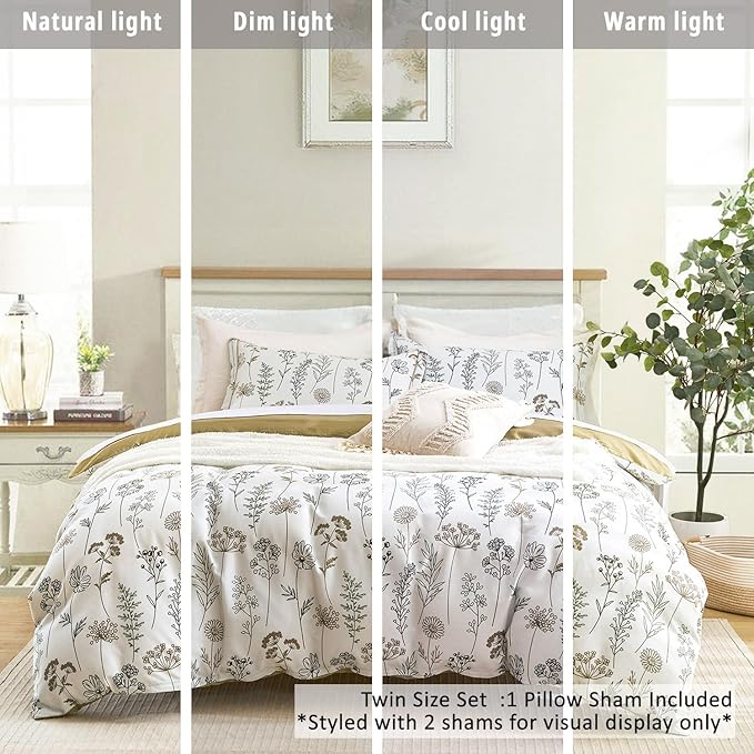 White Botanical Cotton Comforter Twin Size - 2PC Lightweight Bedding Sets with Down Alternative Fill, Luxurious Pale Mustard Reversible Design (1 Comforter, 1 Pillowsham)