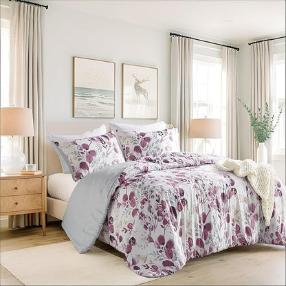 Lightweight Seersucker Botanical Comforter Set Twin Size, 2 Pieces Reversible Design with Striped Print, Premium Microfiber Bedding Set, Comforter and Sham Set, Plum/Grey