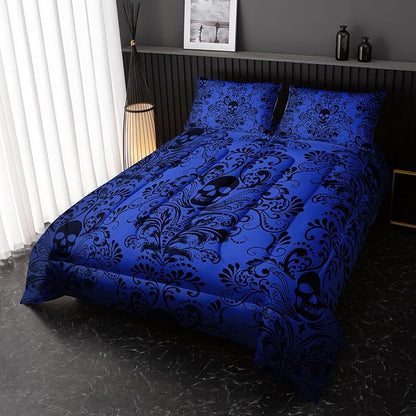 Adults Blue Gothic Comforter Set Twin Size,Vintage Damask Floral Bedding Set 3Pcs,Bohemia Bedding Set Goth Skull Printed Quilted Set for Teens Adult with 1 Comforter and 2 Pillowcase